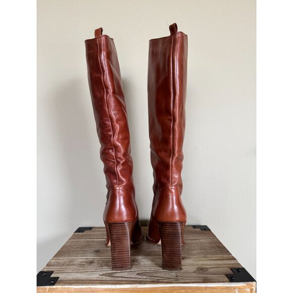 ZARA Brown Genuine Leather Pointy Toe Western Stitch Knee High Boots Size 9 - Picture 9 of 14